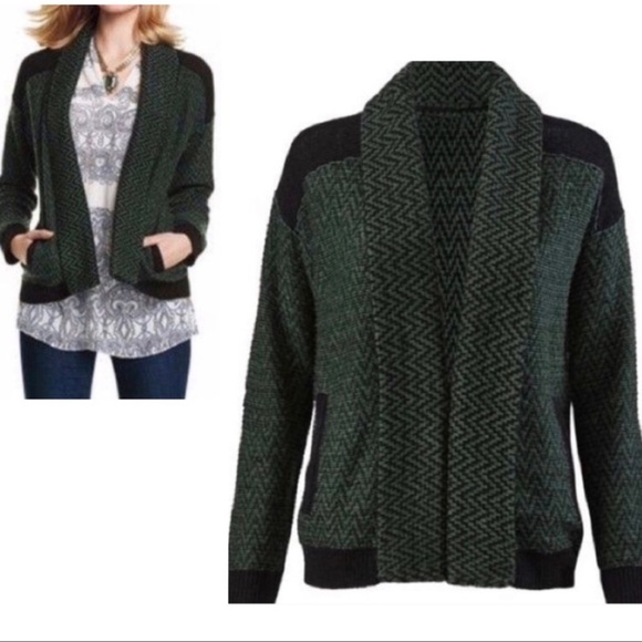 CAbi #3015 Fireside Green Black Knit Scarf Cardigan Sweater Size Medium - Picture 1 of 9
